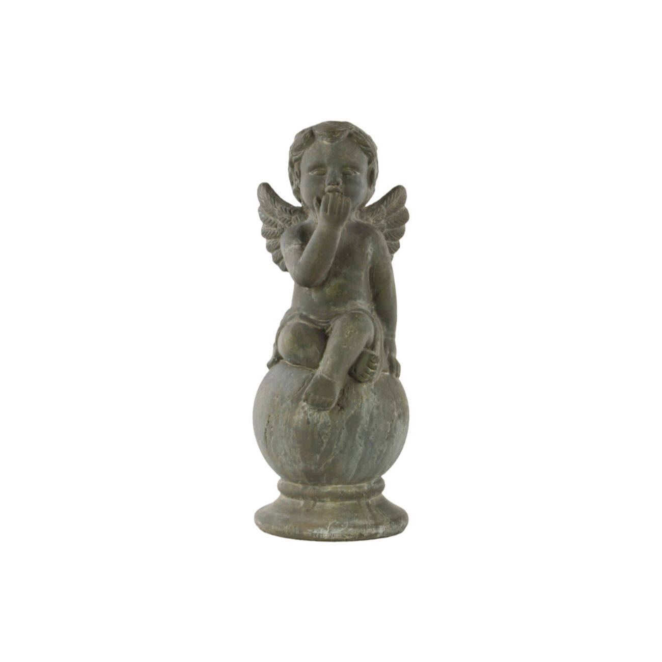 Cemented Sitting Cherub Figurine On Spherical Pedestal, Gray