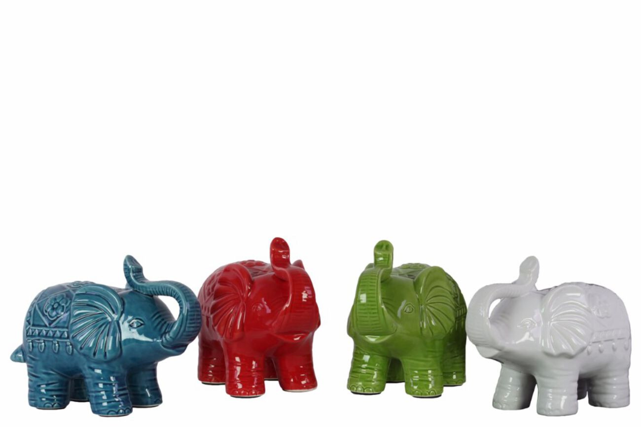 Ceramic Trumpeting And Standing Elephant Figurine, Small, Assortment Of 4, Multicolor