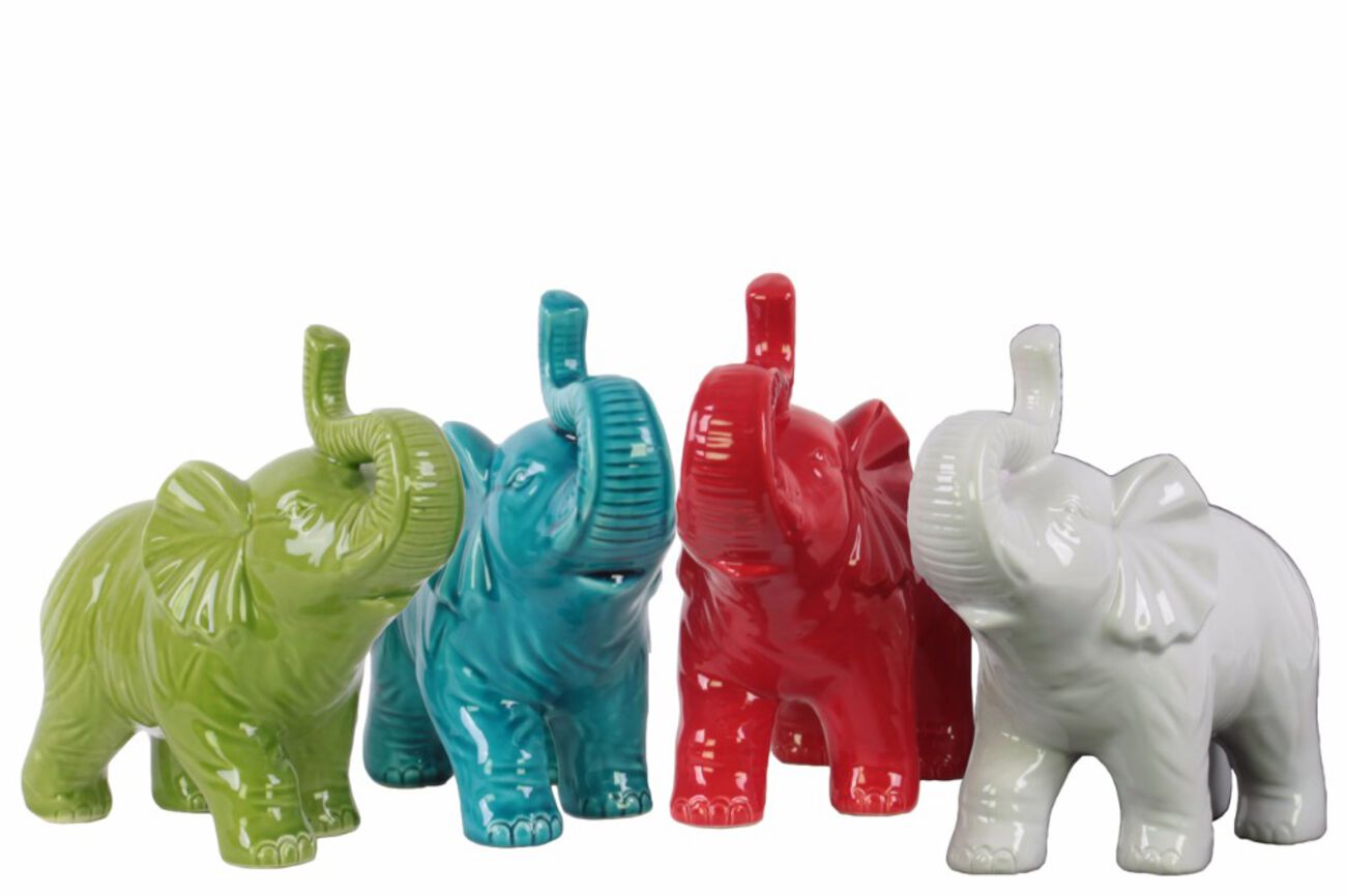 Standing Trumpeting Elephant Figurine In Ceramic, Assortment of 4, Multicolor