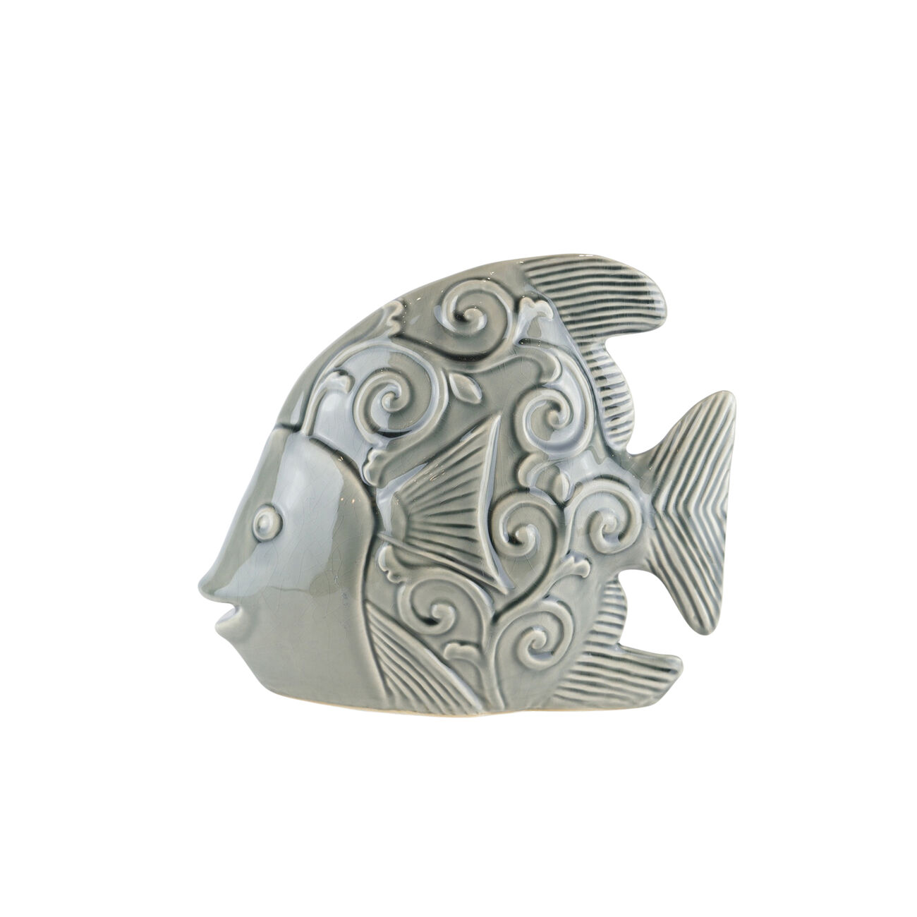 CeramicDecorative Fish Figurine with Swirl Motifs, Gray