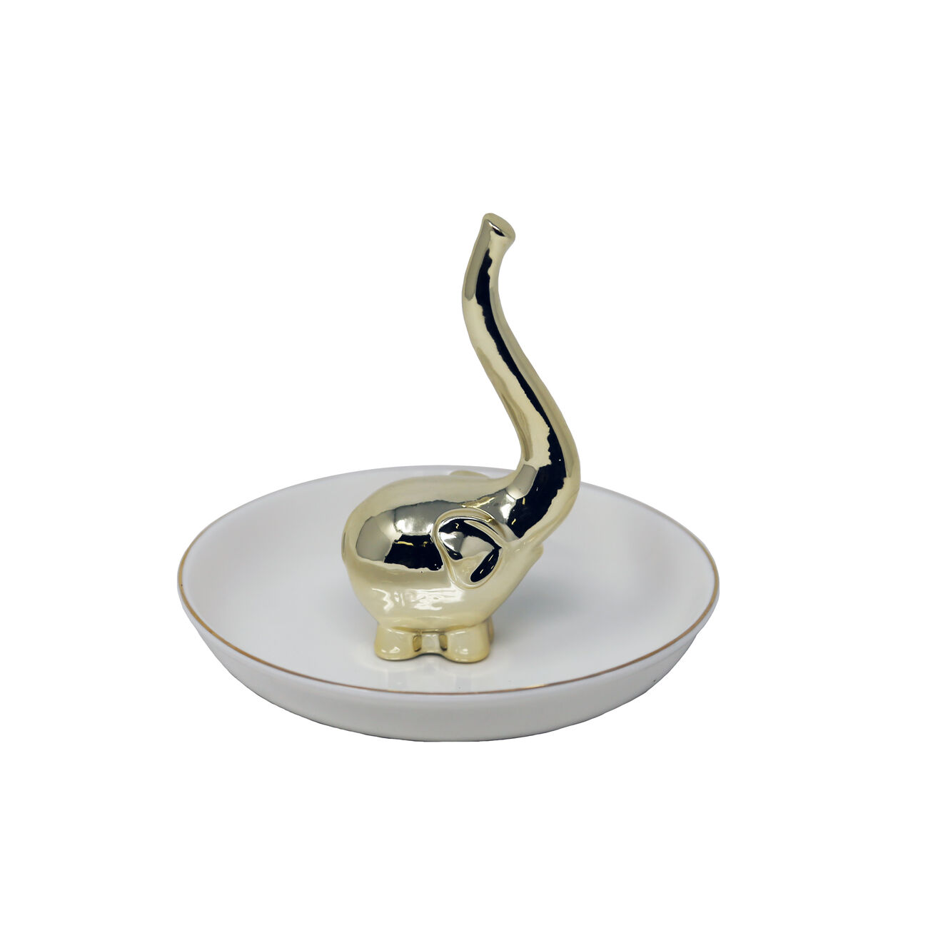decorative Ceramic Elephant Ring Holder with Trinket Tray, White and Gold