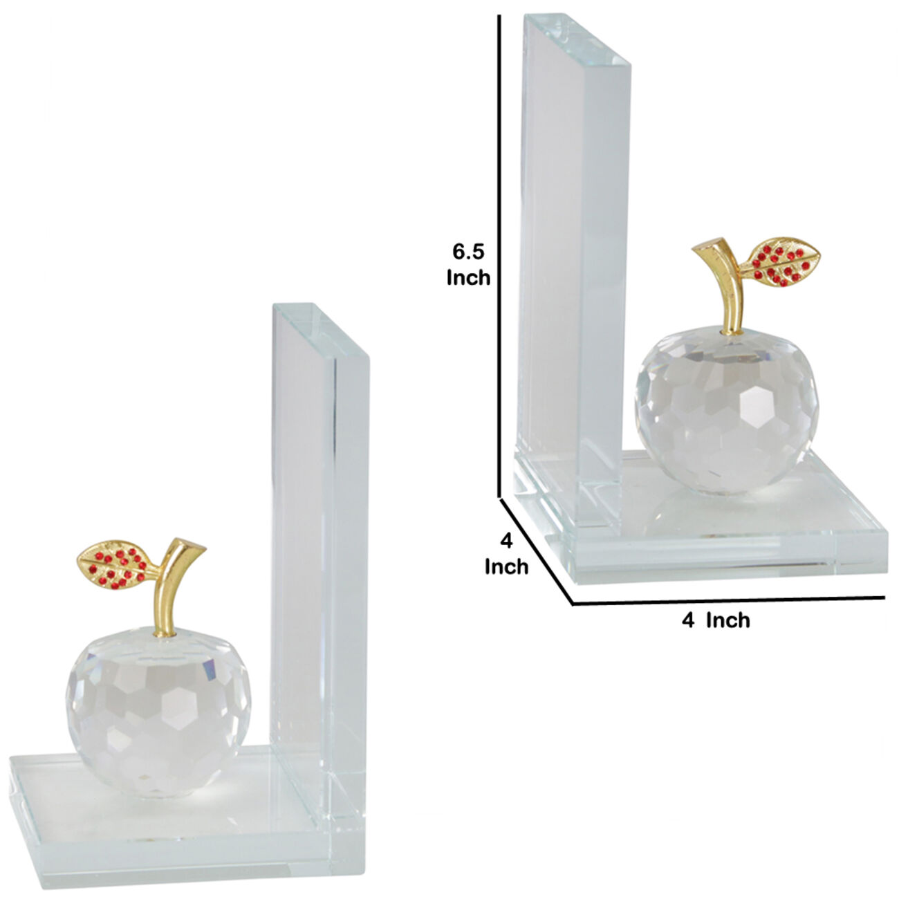 Glass Made Apple Statuette Bookend, Pair of 2, Clear and Gold