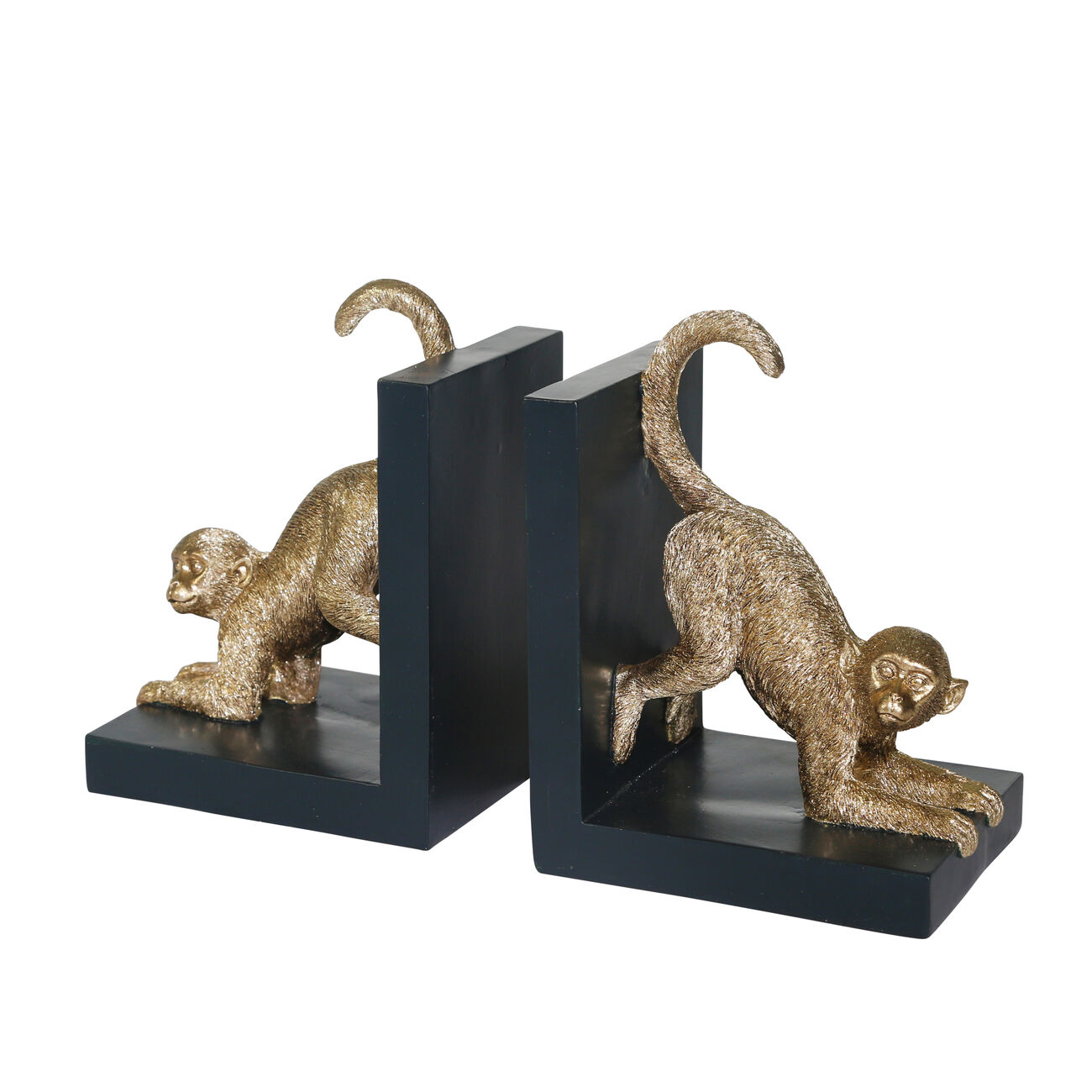 Wooden Bookend with Polyresin Monkey Figurine, Pair of 2, Black and Gold