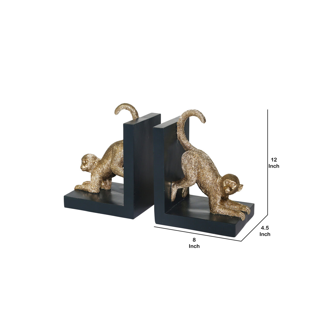 Wooden Bookend with Polyresin Monkey Figurine, Pair of 2, Black and Gold