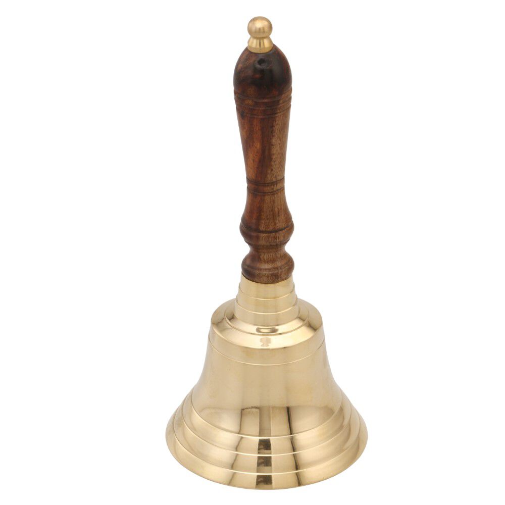 Handcrafted Brass 9 inch Hand Bell With Wooden Handle, Gold and Brown