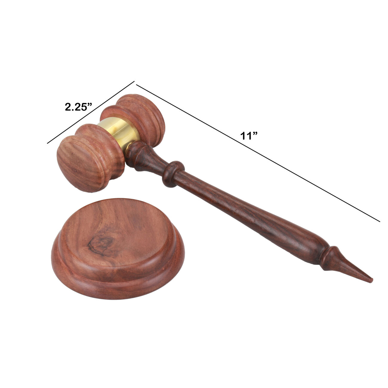 Wooden Gavel And Round Block Set With Brass Work, Natural Brown