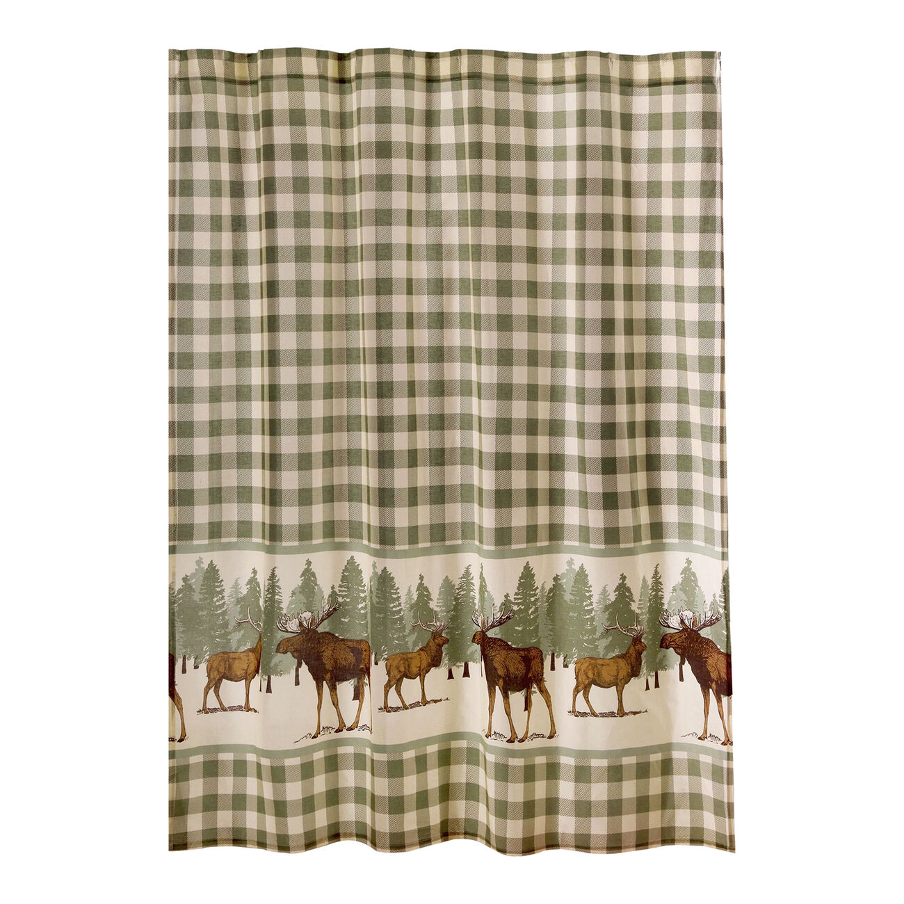 Fabric Shower Curtain with Plaid and Animal Print, Green and Brown - BM223376