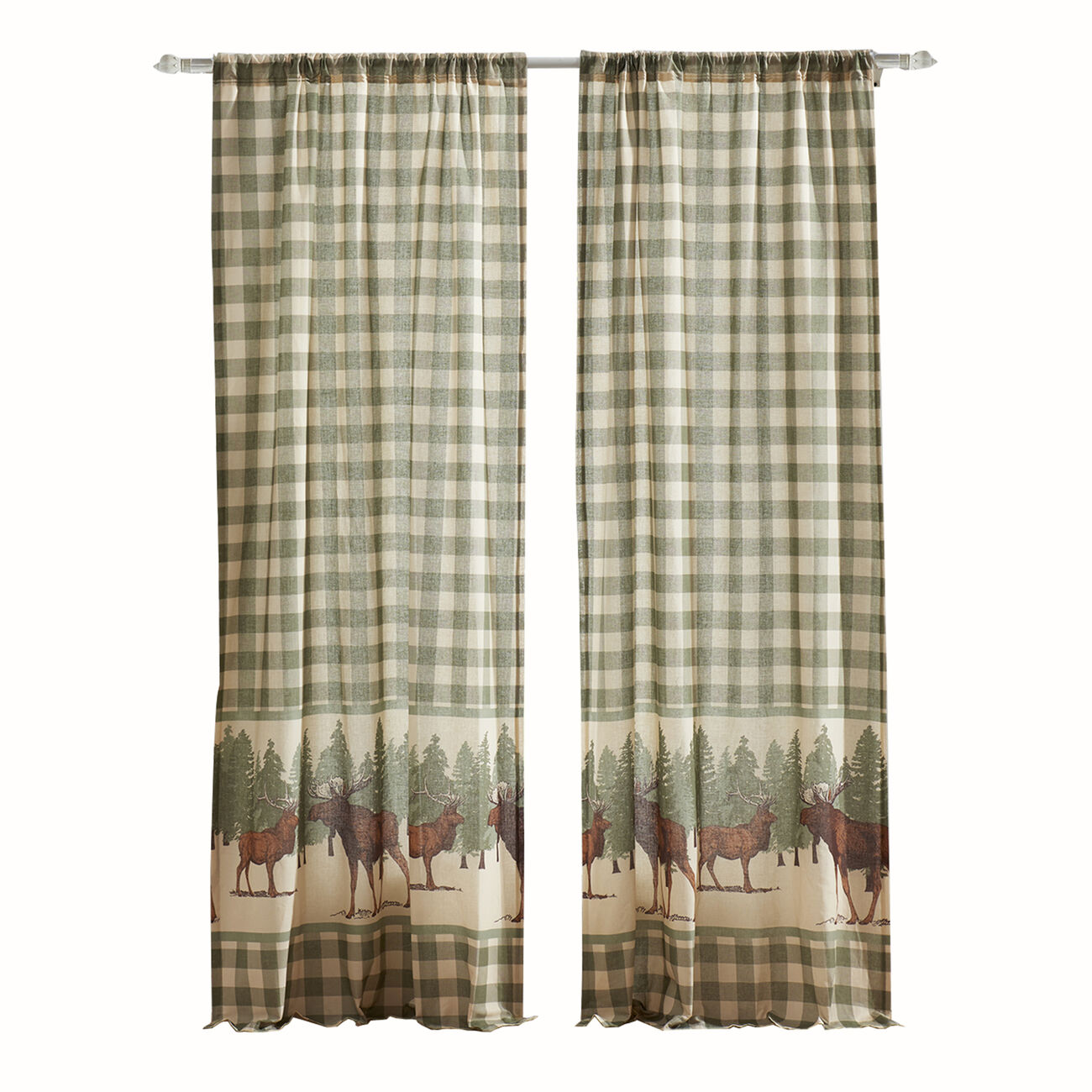 Fabric Panel Curtain with Animal and Plaid Print, Set of 4, Brown and Green - BM223382