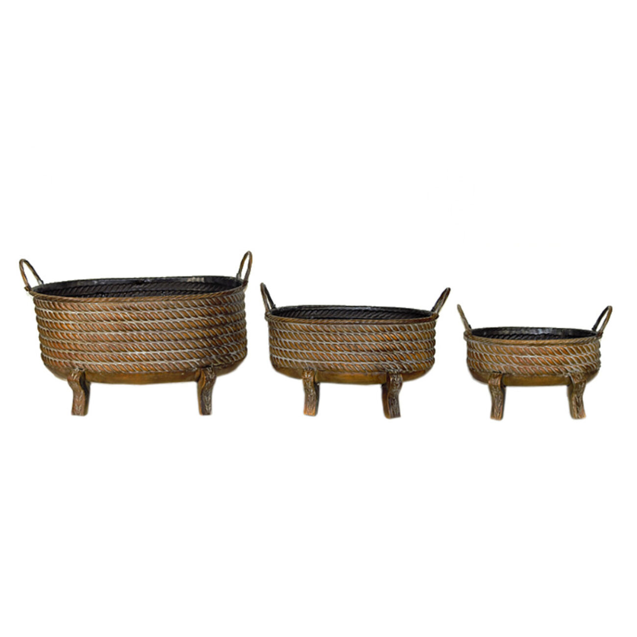 Vintage Style 3Piece Metal Planter With Handles, Brown