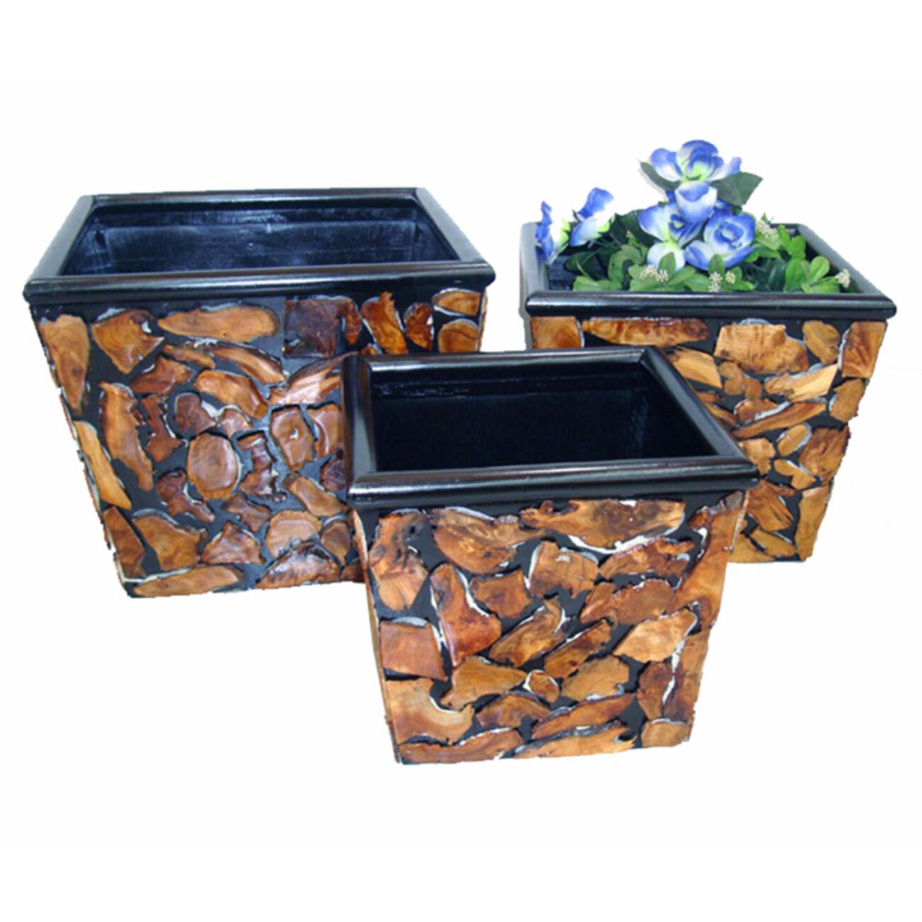 Set Of 3 Wooden Planter, Brown And Black