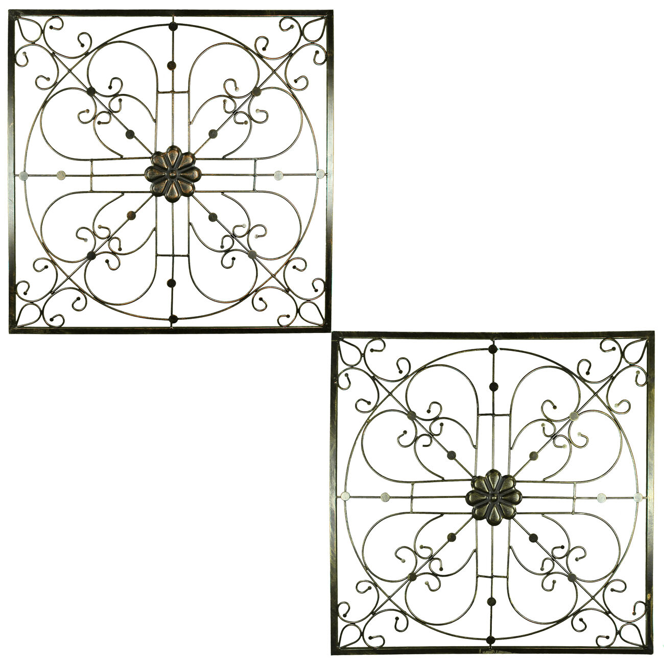 Iron WallDecor with Flower Accent and Squared Framed Design, Assortment of Two, Bronze