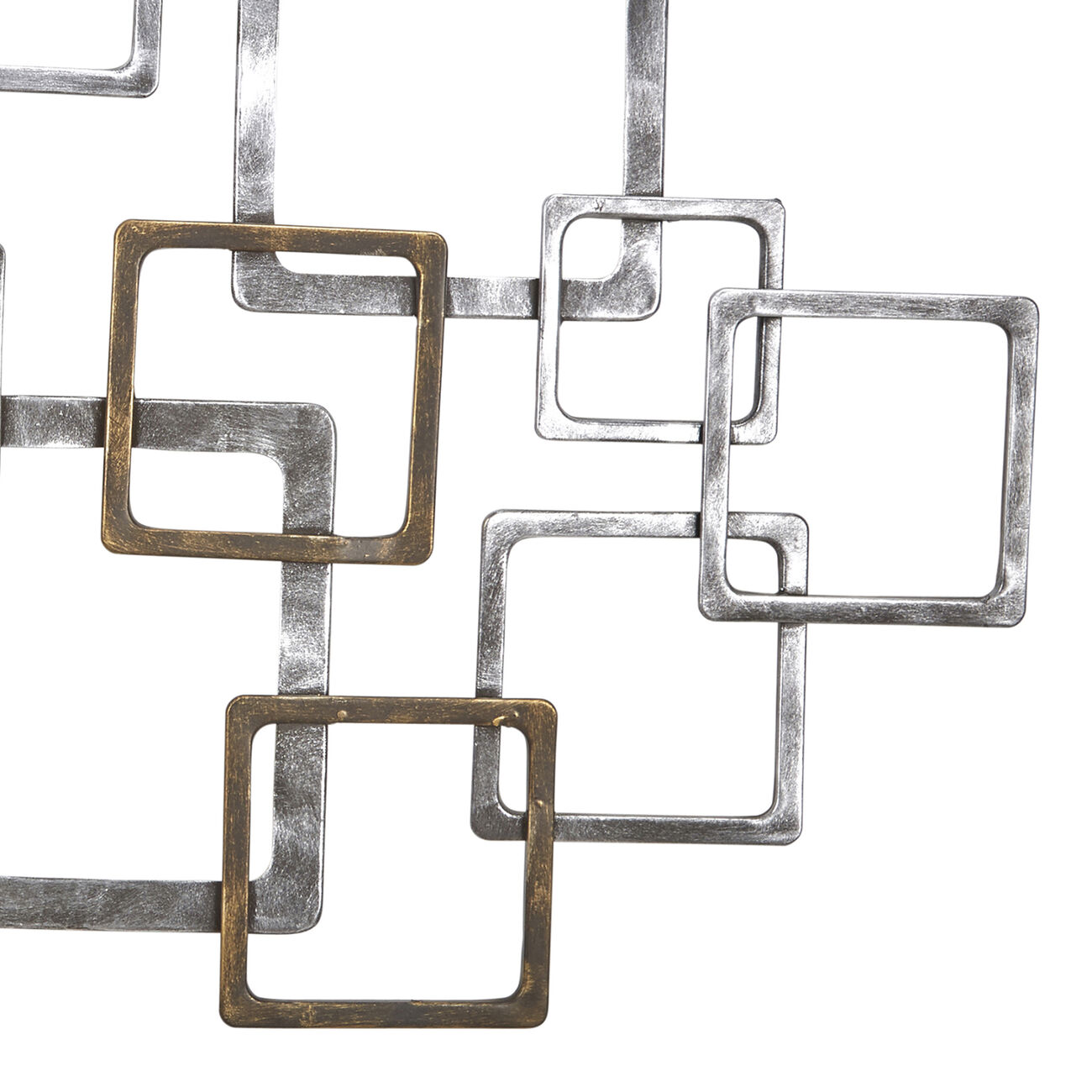 Modern Metal Wall Decor with Interlocking Squares, Silver and Bronze