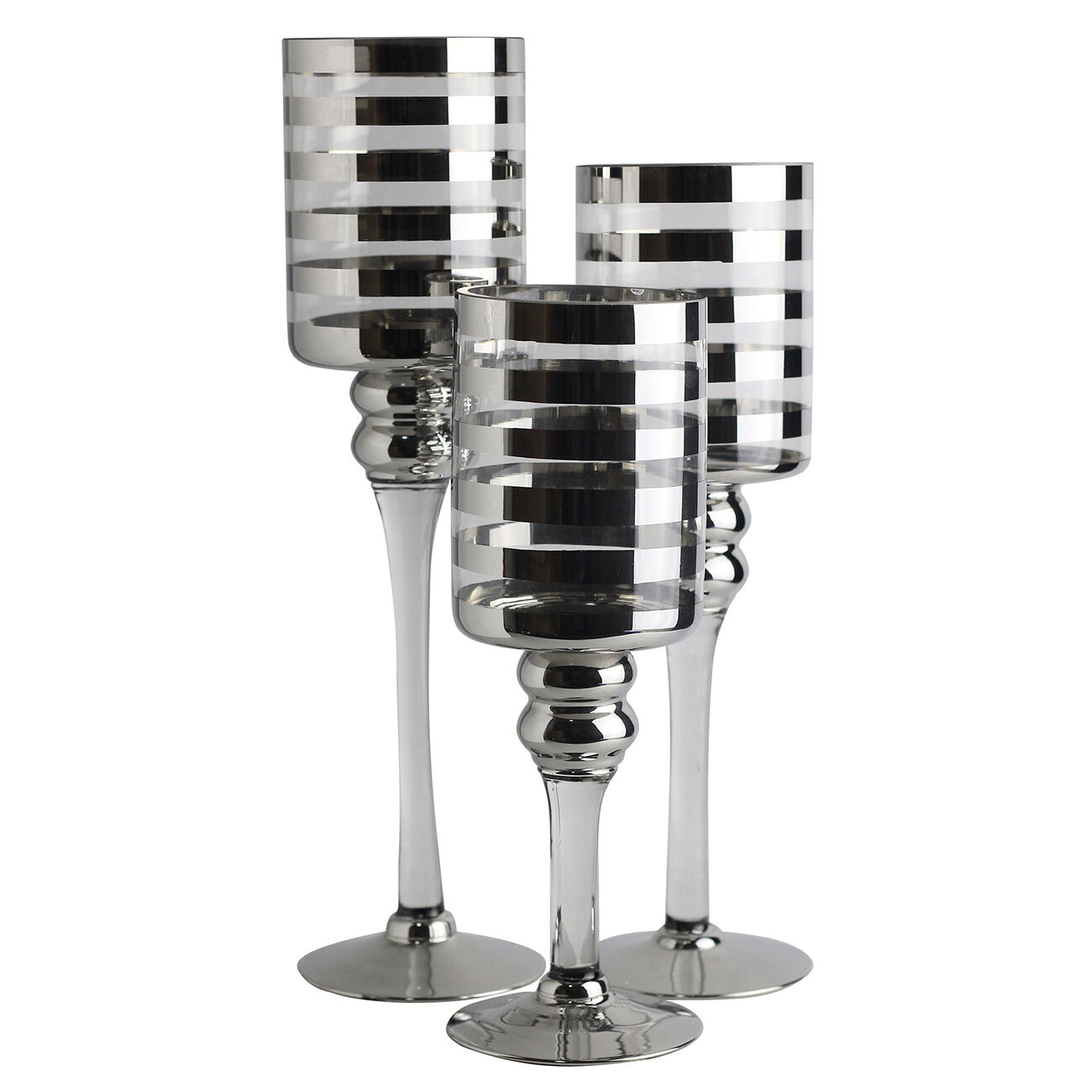 Round Stripe Pattern Glass Candle Holder with Pedestal Base, Set of Three, Silver