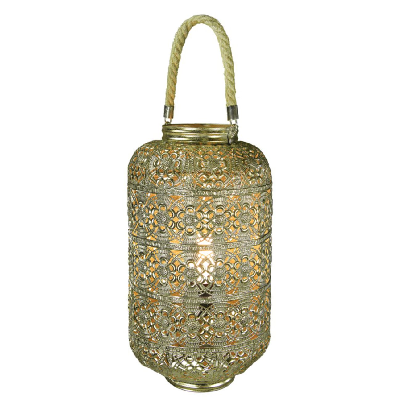 Metal Lantern With Rope Handle, Gold
