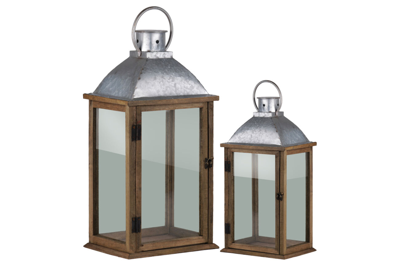 Wooden Lantern With Metal Top, Set Of 2, Natural Brown And Gray