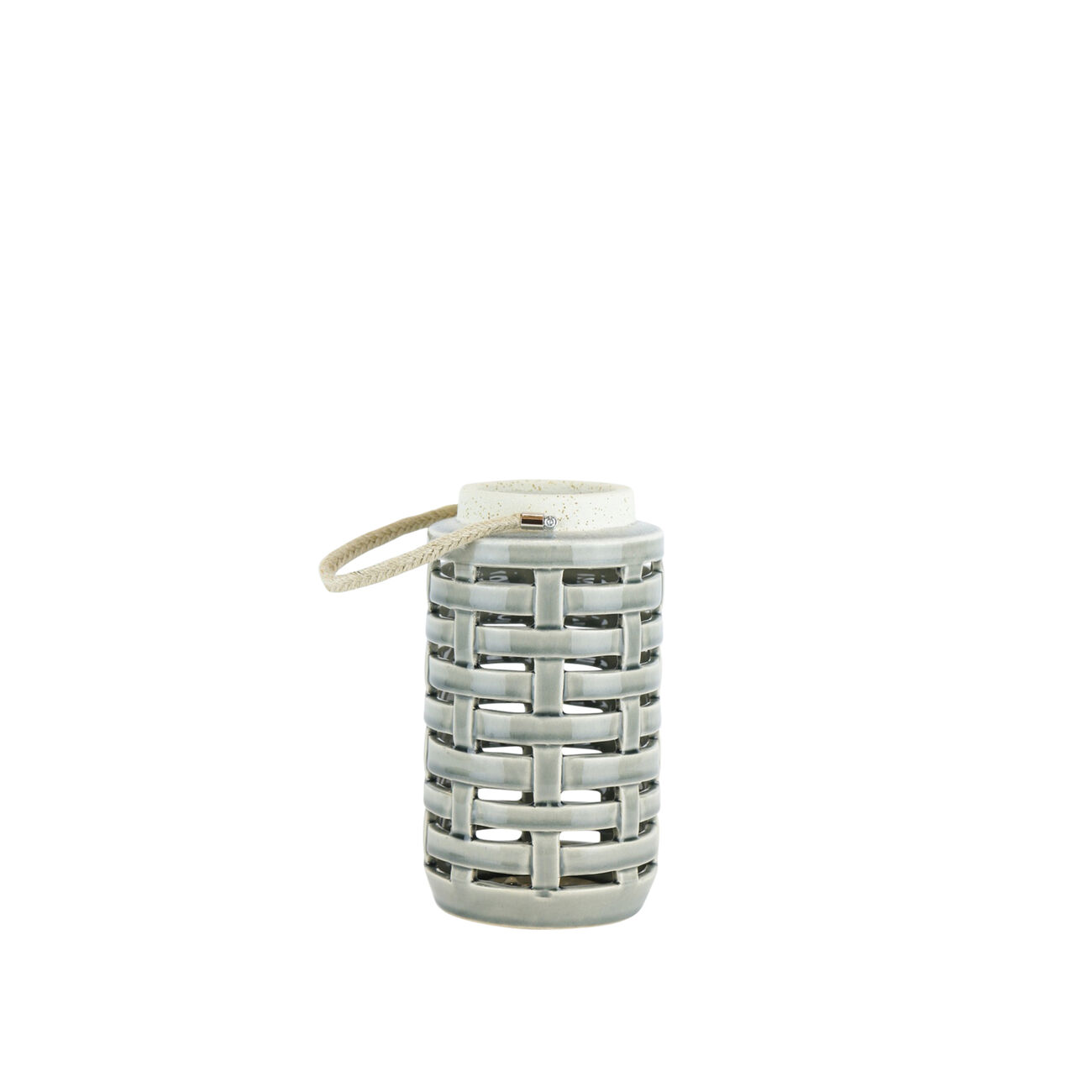 Lattice Cutout Patterned Ceramic Lantern with Rope Handle, White and Gray