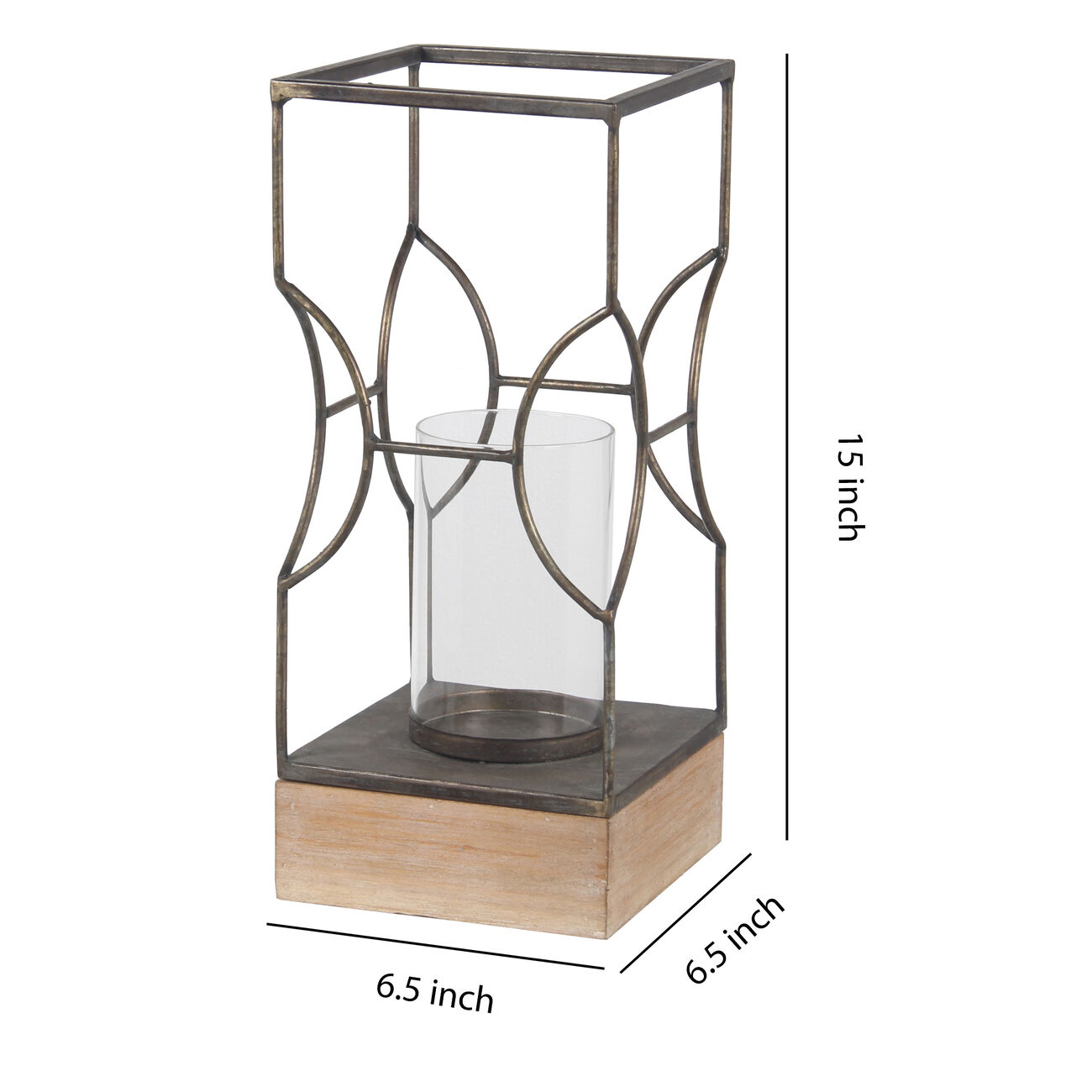 Wood and Metal Lantern with Geometric Details, Gray and Brown