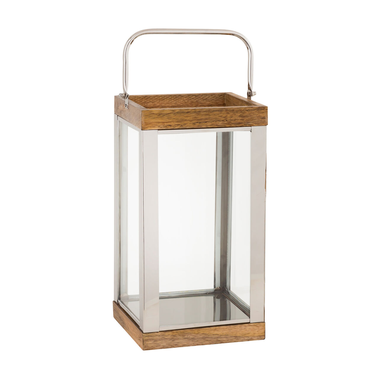 Wood and Metal Lantern with Glass Panel Inserts, Large,Brown and Clear