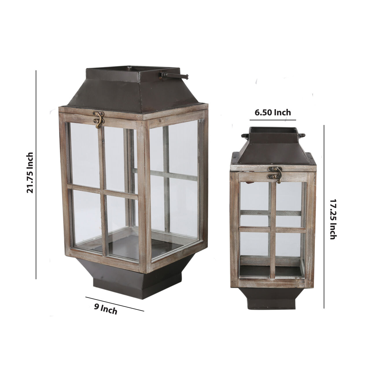 Wood and Metal Lantern with Windowpane Design, Brown and Black, Set of 2