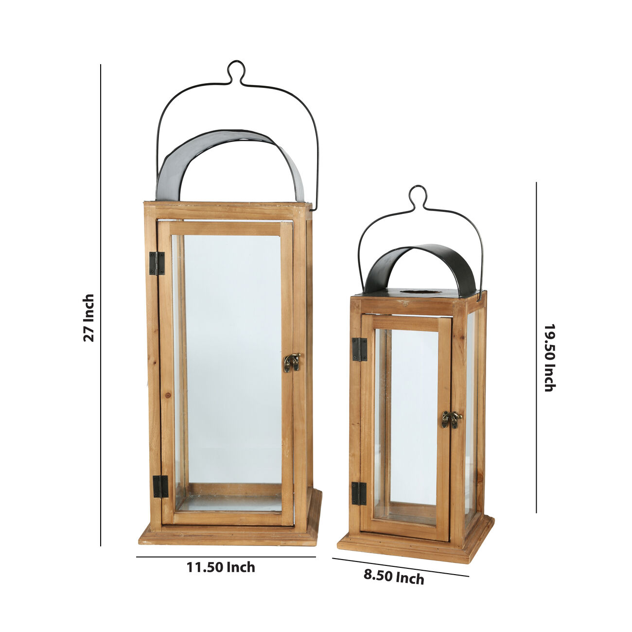 Wood and Glass Lanterns with Latched Door, Brown and Black, Set of 2