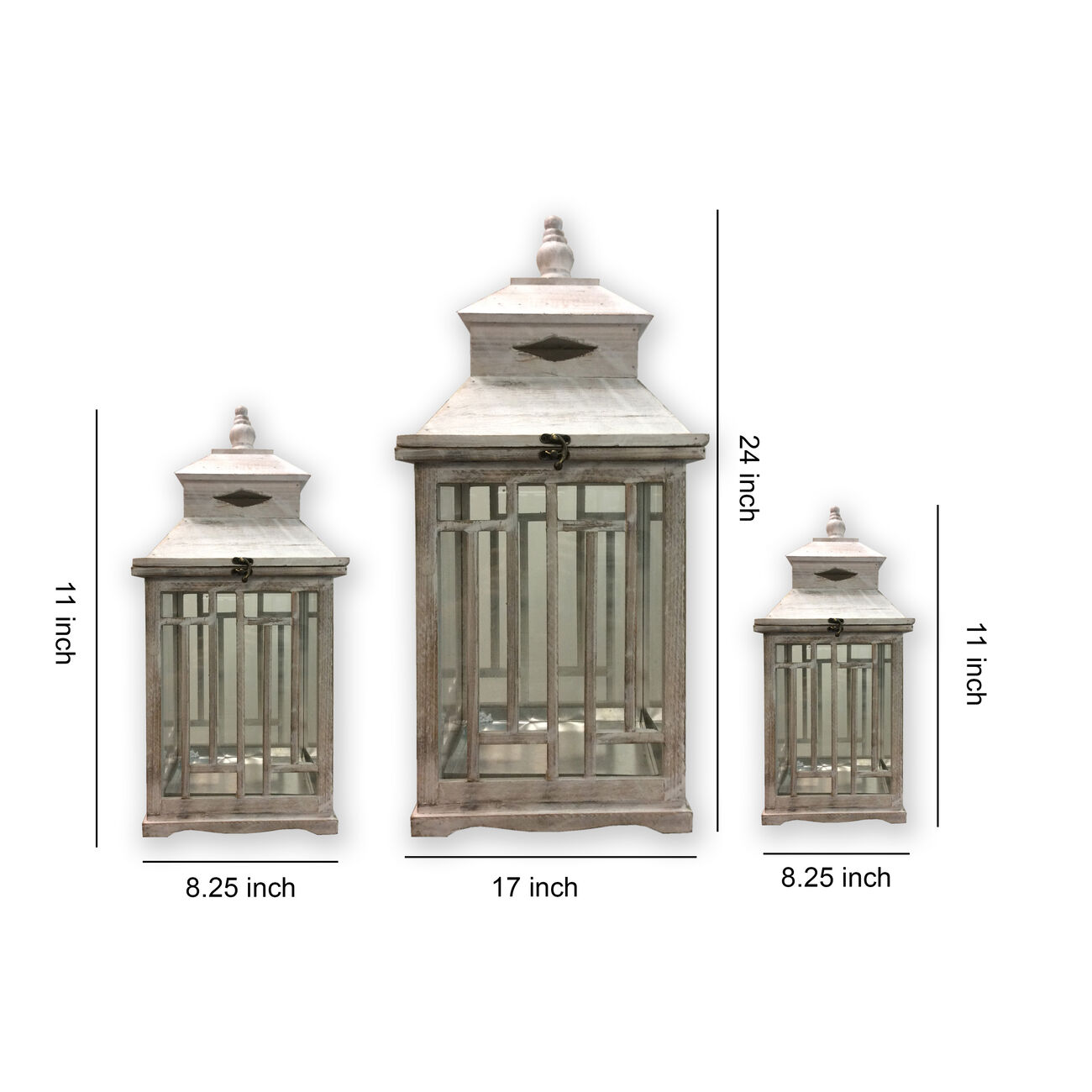 Wooden Lanterns with Peak Shaped Top and Glass Sides, Set of 3, Gray