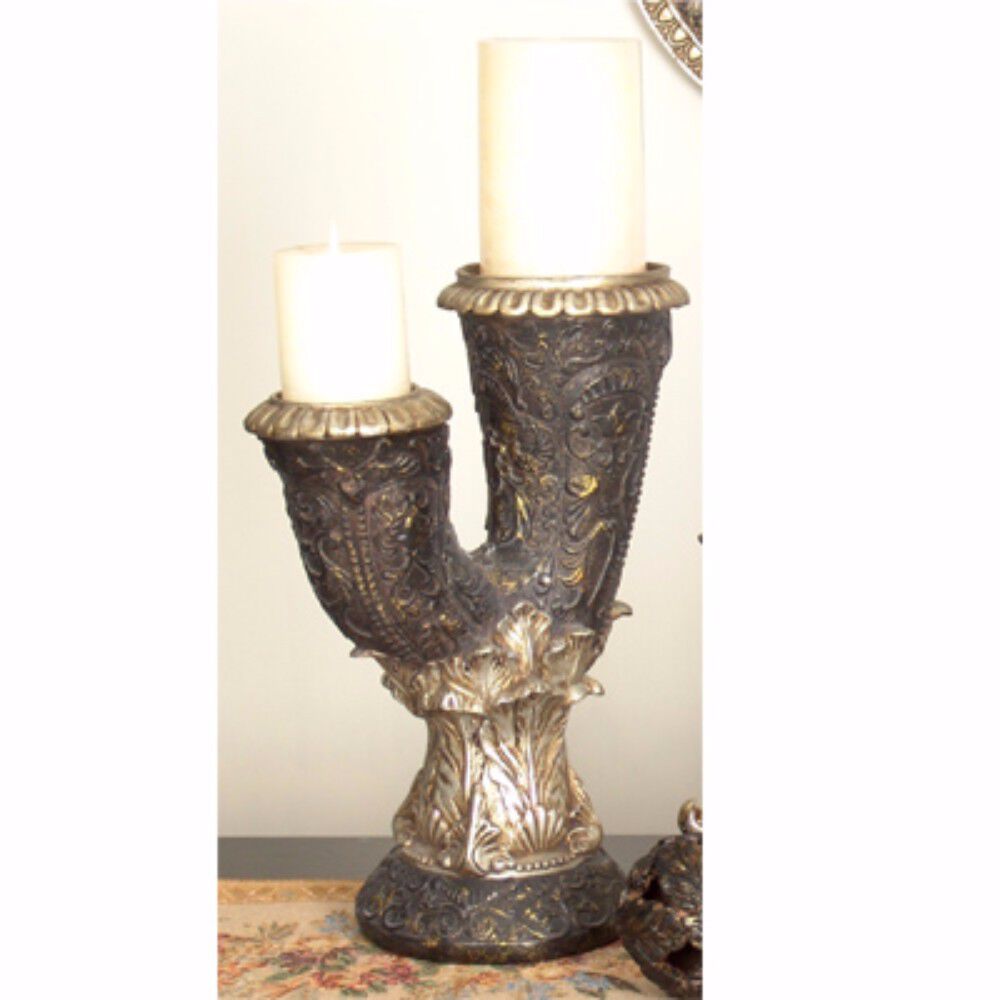 Traditional Style Artistic Resin Candlestick Holder, Gold and Bronze