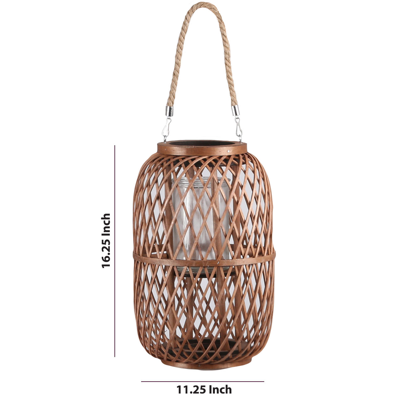 16.25 Inch Bellied Shape Lantern with Jute Handle and Lattice Design, Brown