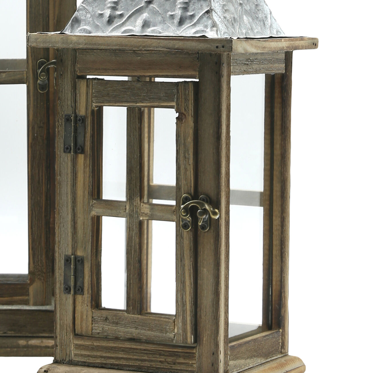 Wood and Glass Lanterns with Temple Design Top, Brown and Silver, Set of 2