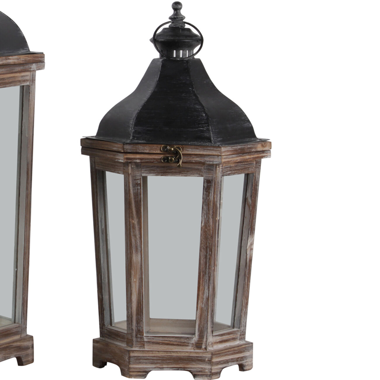 Wood and Metal Lanterns with Ring Handle, Brown and Black, Set of 2