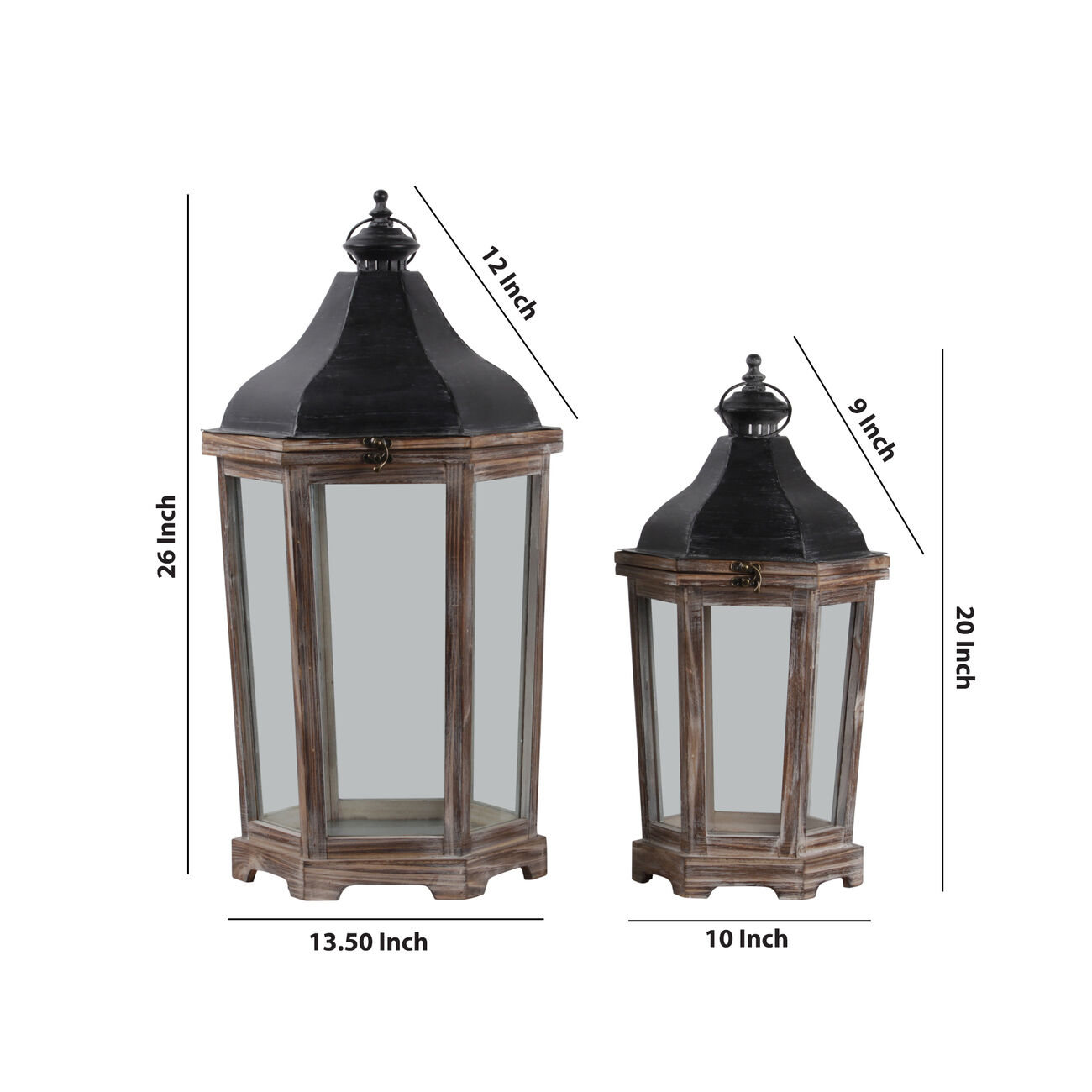 Wood and Metal Lanterns with Ring Handle, Brown and Black, Set of 2