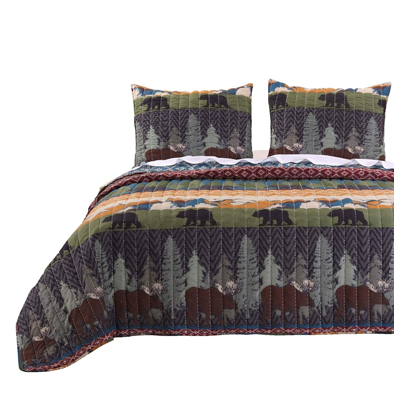 3 Piece Full Size Quilt Set with Nature Inspired Print, Multicolor