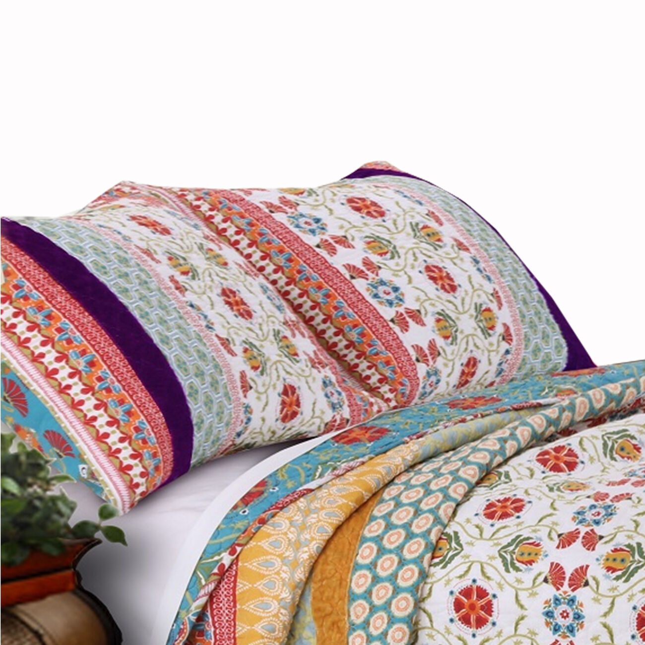 Geometric and Floral Print Full Size Quilt Set with 2 Shams, Multicolor
