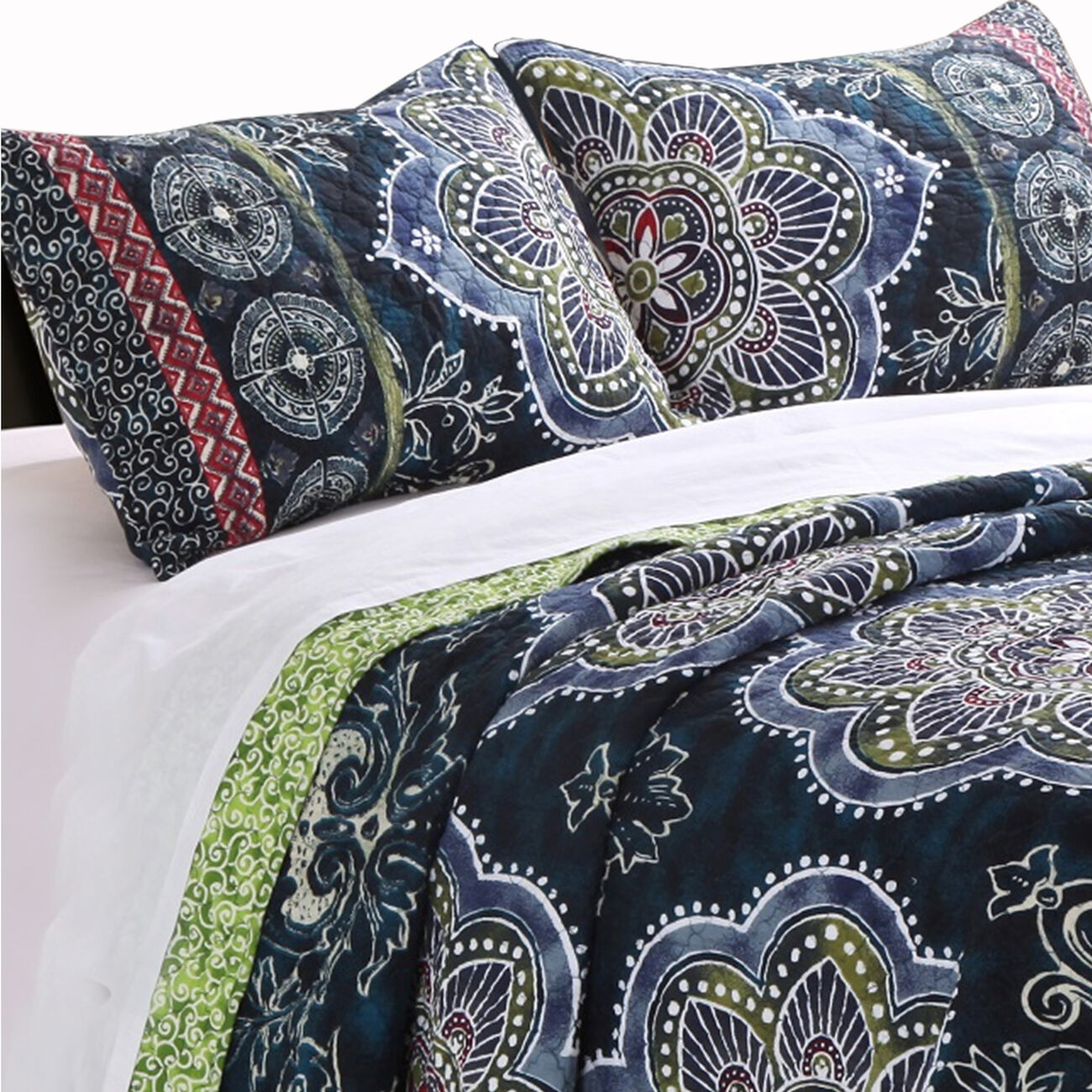 3 Piece Full Size Quilt Set with Medallion Print, Dark Blue and Green