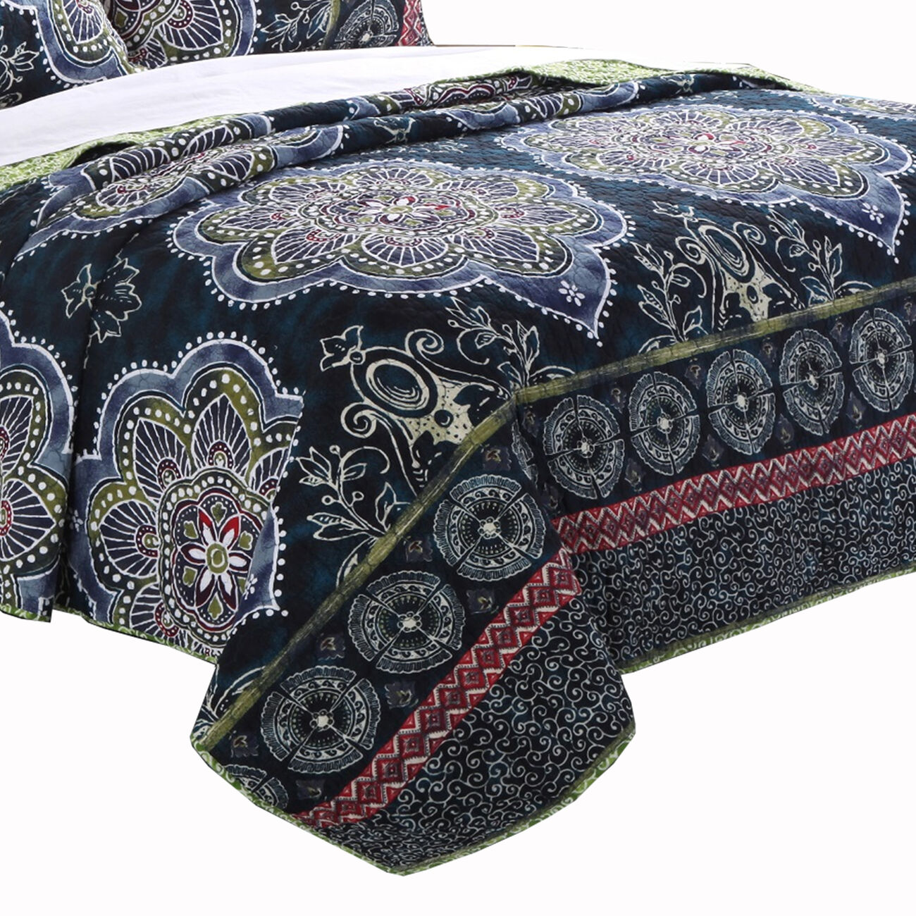3 Piece King Size Quilt Set with Medallion Print, Dark Blue and Green
