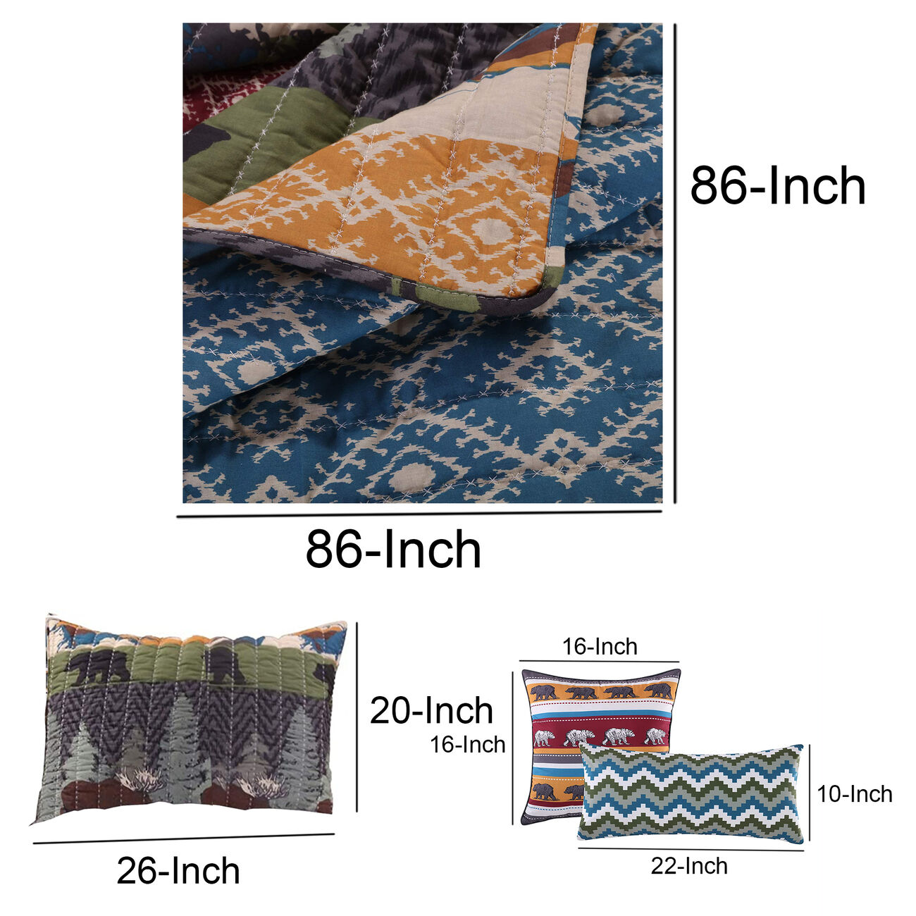 5 Piece Full Size Quilt Set with Nature Inspired Print, Multicolor