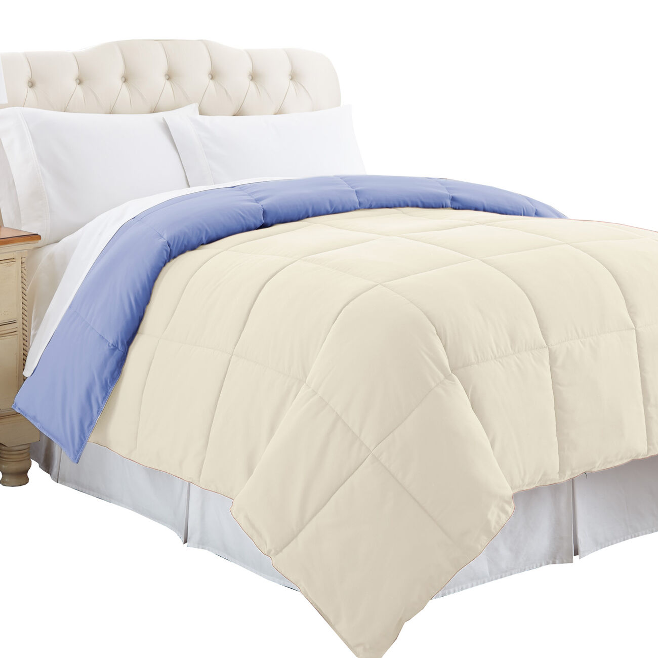 Genoa Twin Size Box Quilted Reversible Comforter The Urban Port, Blue and Cream