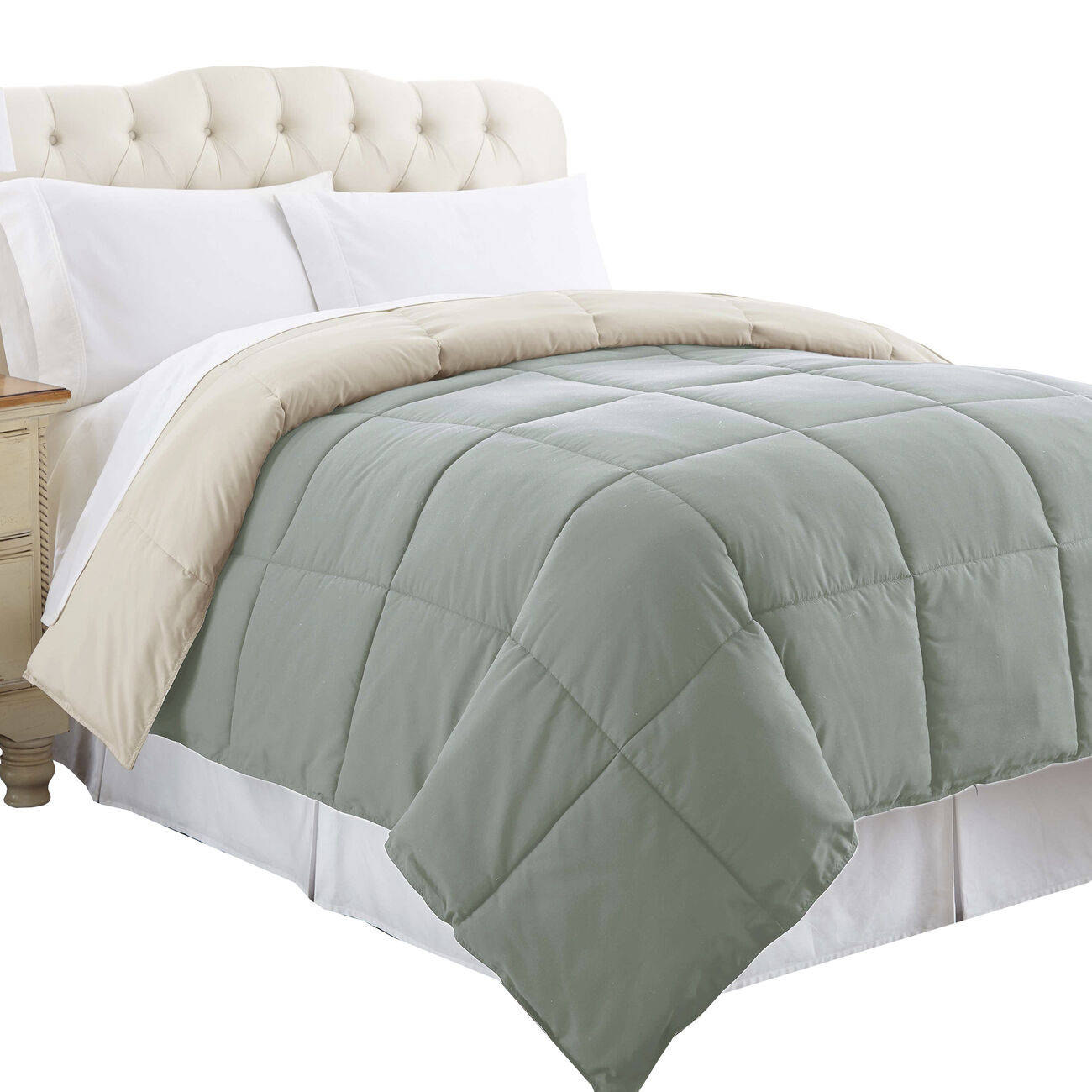 Genoa Twin Size Box Quilted Reversible Comforter The Urban Port, Gray and Beige