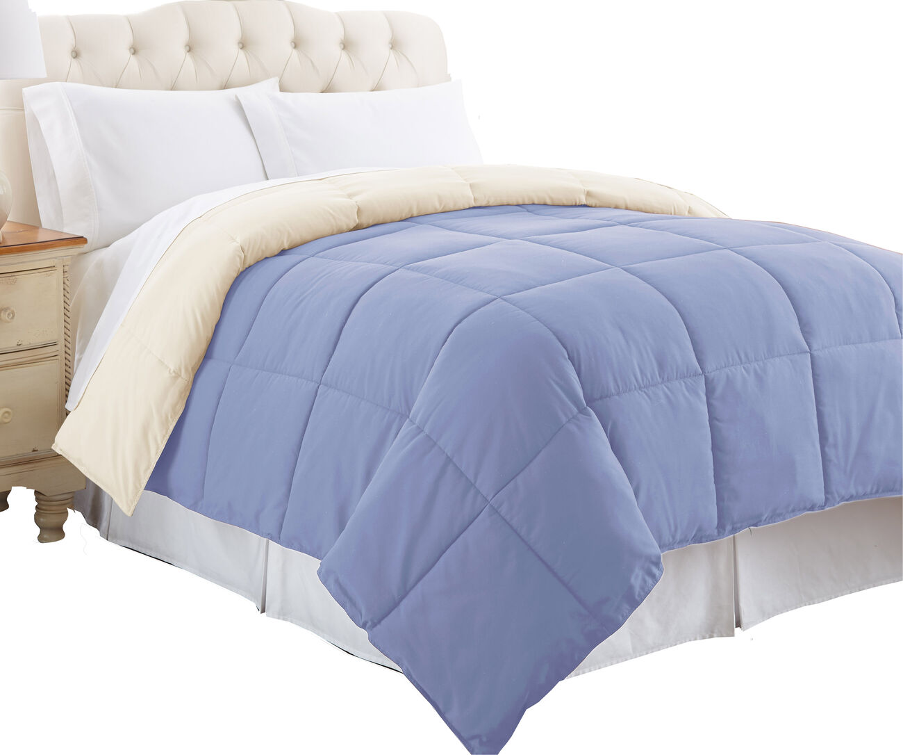 Genoa Queen Size Box Quilted Reversible Comforter The Urban Port, Blue and Cream