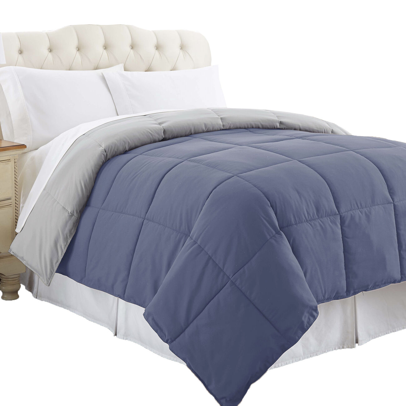 Genoa Queen Size Box Quilted Reversible Comforter The Urban Port, Silver and Blue
