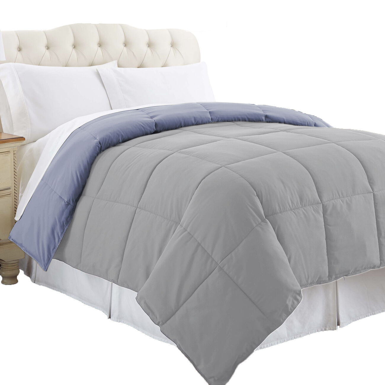 Genoa Queen Size Box Quilted Reversible Comforter The Urban Port, Silver and Blue