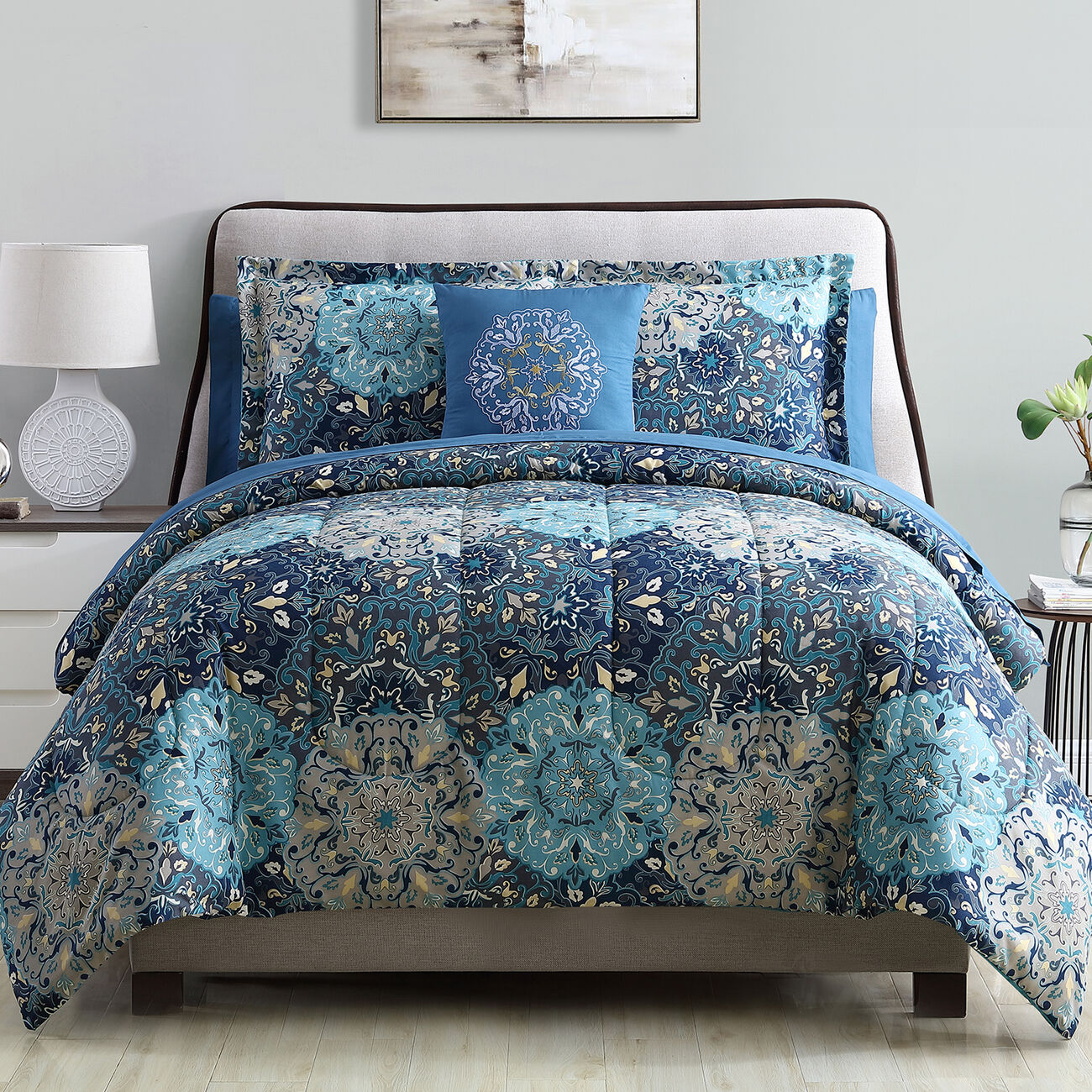 Caen 8 Piece King Size Printed Reversible Bed Set The Urban Port, Blue