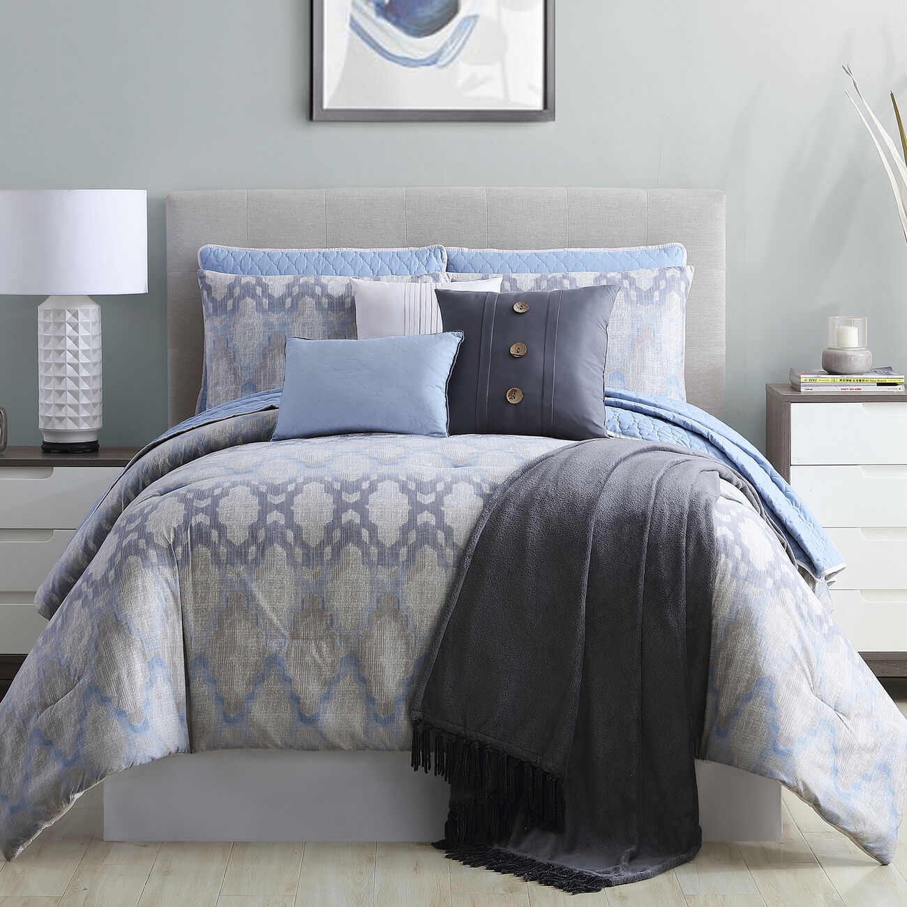 Andria 10 Piece Queen Size Comforter and Coverlet Set The Urban Port, Blue and Gray