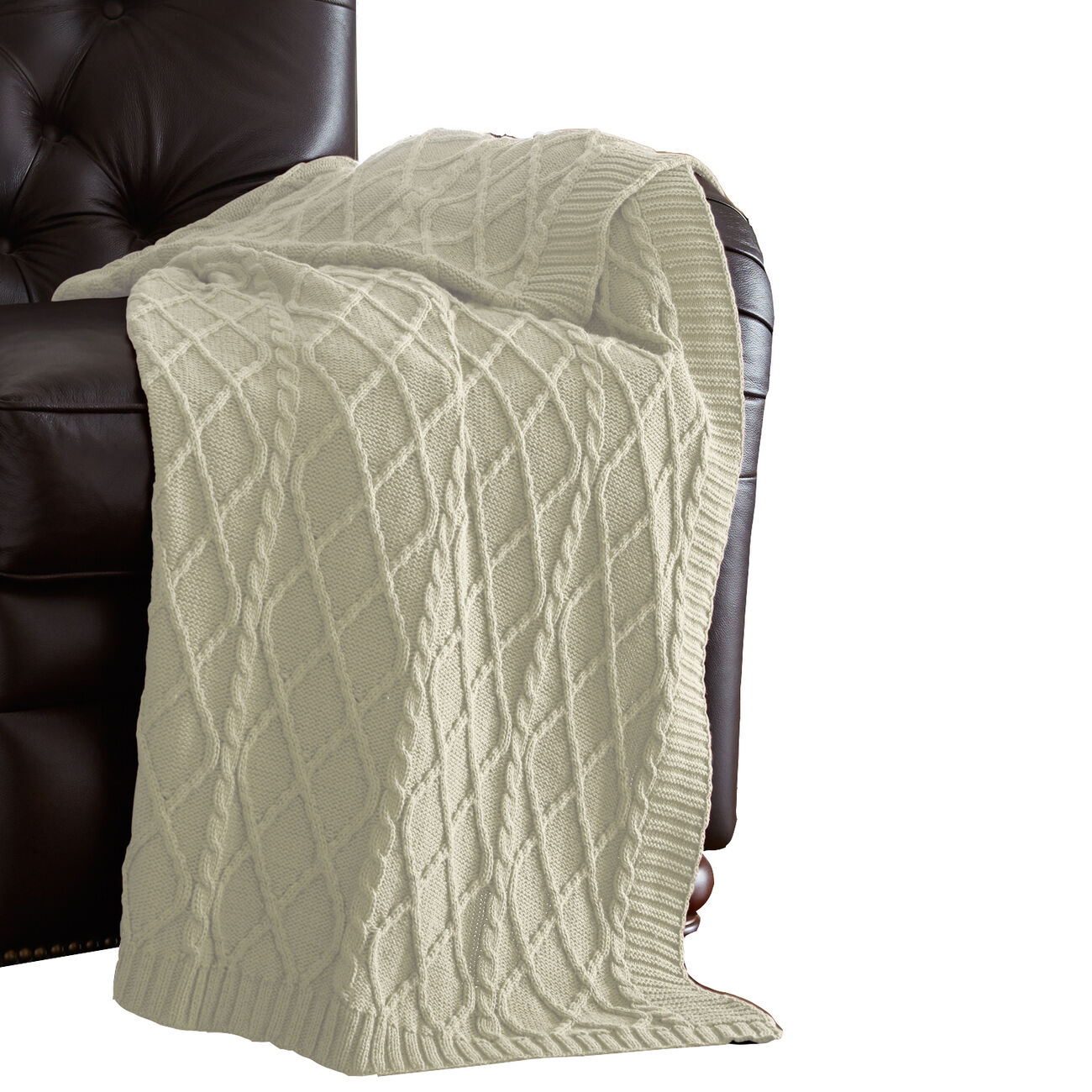Creuse Cable Knitted Cotton Throw with Diamond Pattern The Urban Port, Cream