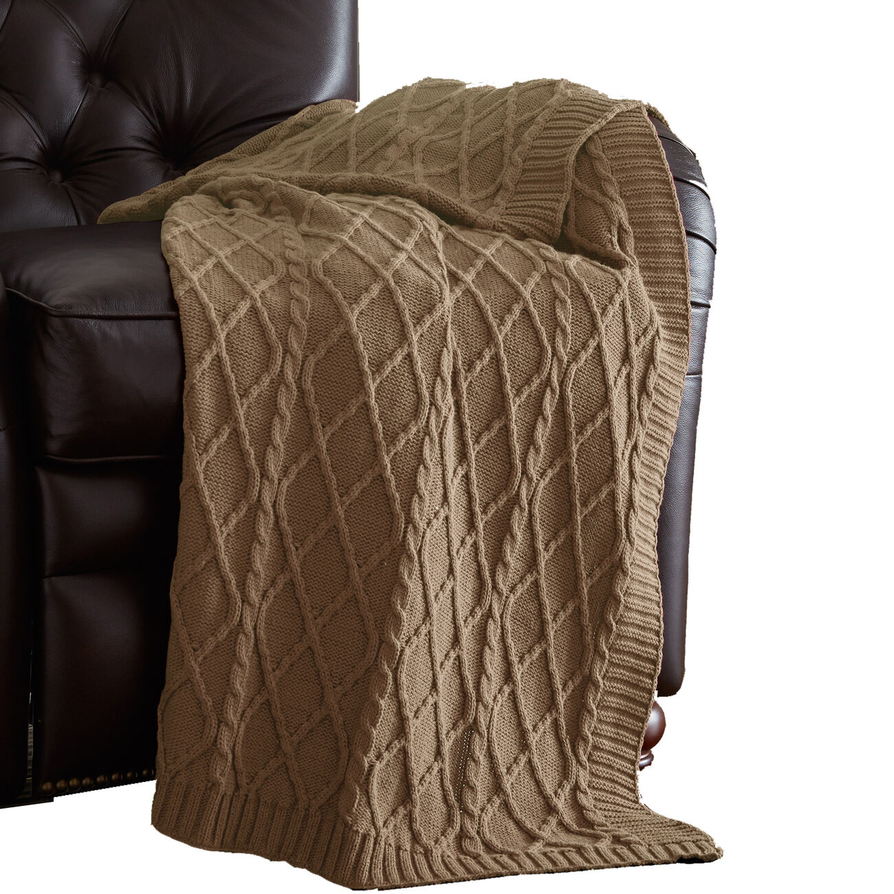 Creuse Cable Knitted Cotton Throw with Diamond Pattern The Urban Port, Brown
