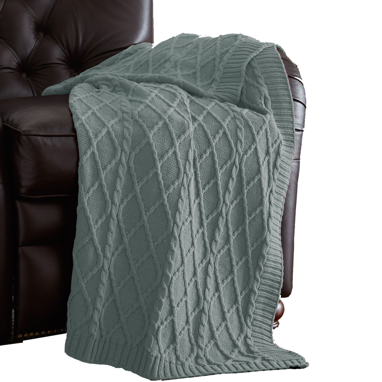 Creuse Cable Knitted Cotton Throw with Diamond Pattern The Urban Port, Olive Green