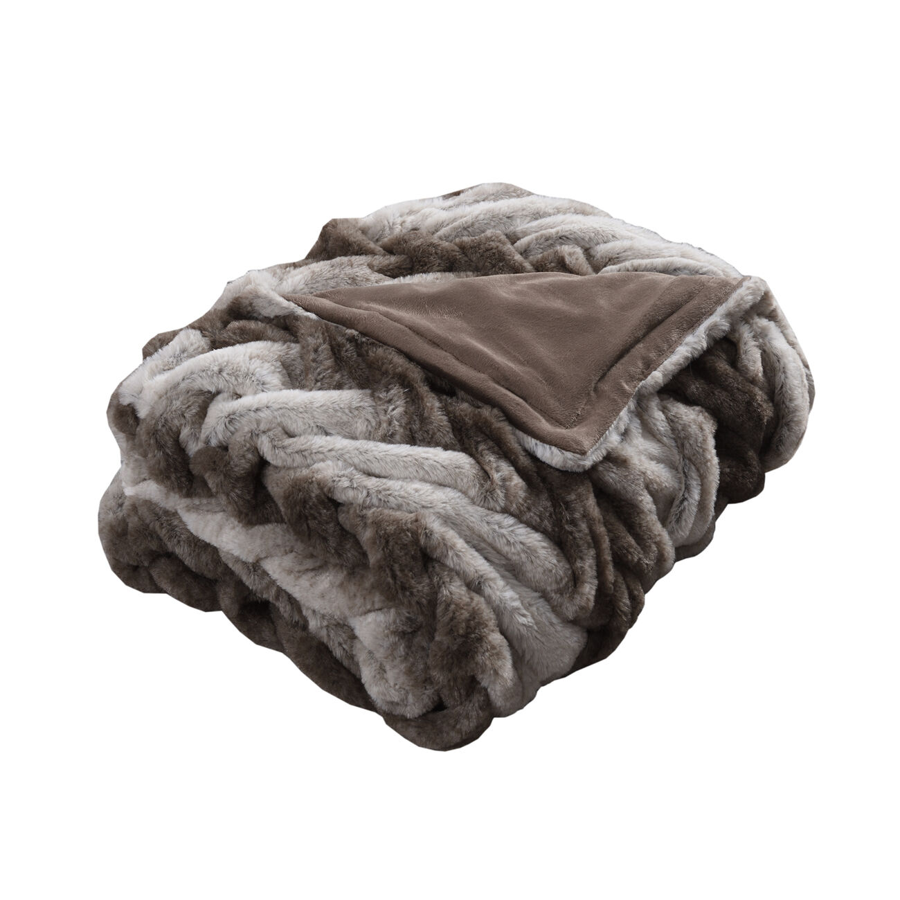 Eus Faux Fur Braided Reverse Flannel Throw The Urban Port, Brown and Gray