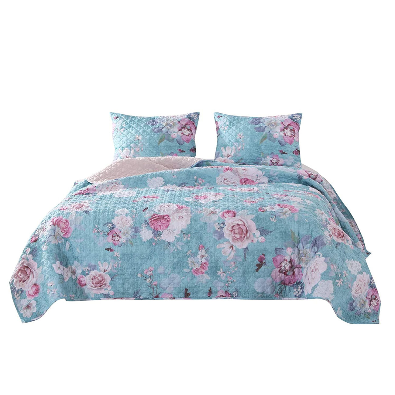 2 Piece Twin Size Quilt Set with Floral Print, Blue and White