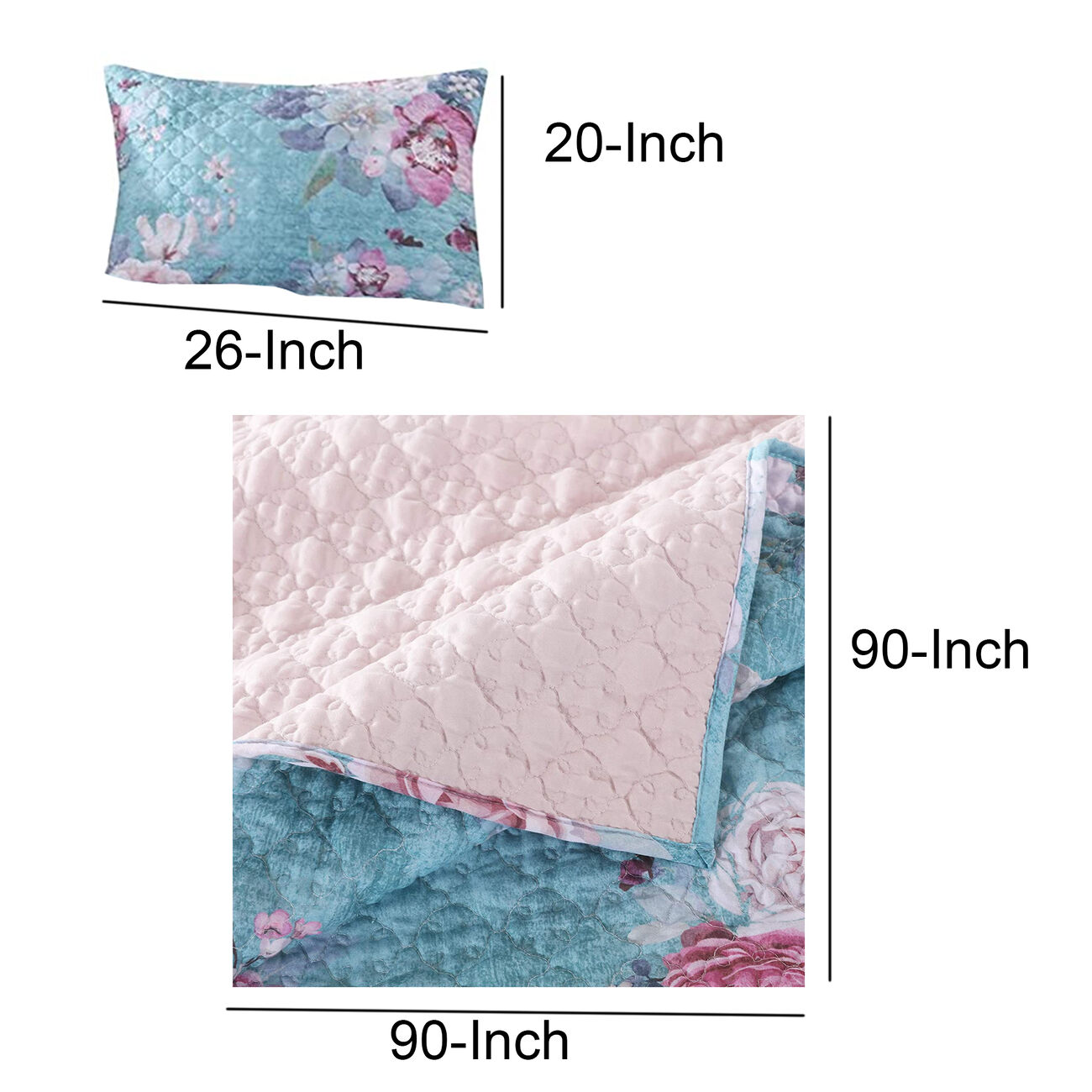 3 Piece Full Size Quilt Set with Floral Print, Blue and White