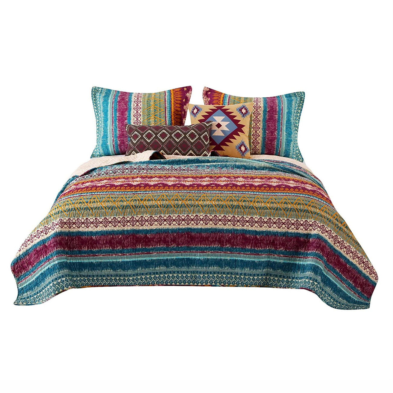 Tribal Print Twin Quilt Set with Decorative Pillows, Multicolor