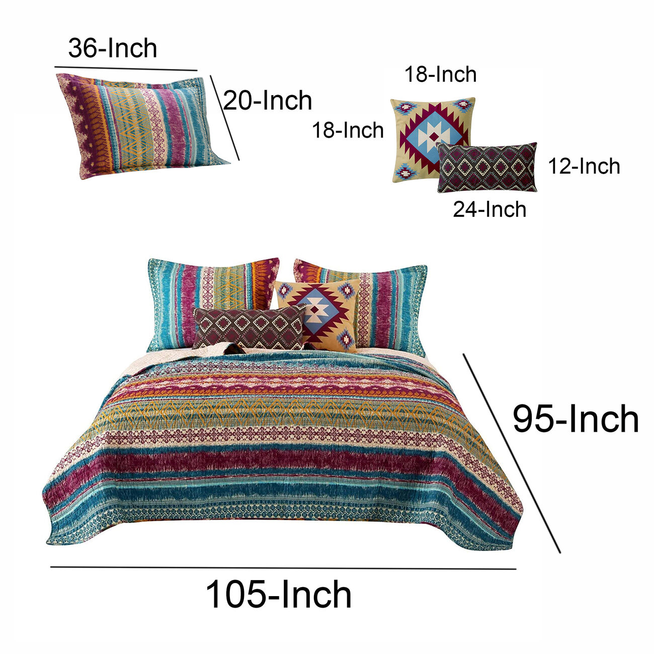Tribal Print King Quilt Set with Decorative Pillows, Multicolor
